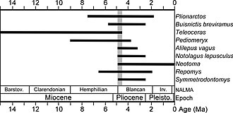 Figure from a scientific paper showing the stratigraphic ranges (distribution through time) of several identified mammals from the Gray Fossil Site. A gray bar highlights the time period during which these mammals overlapped, between 4.9 and 4.5 million years ago.