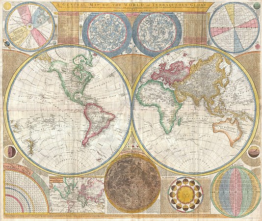 图为由塞缪尔·邓恩（英语：Samuel Dunn (mathematician)）绘制、可追溯至1794年的双半球世界地图，确为一幅令人惊叹的不朽之作。