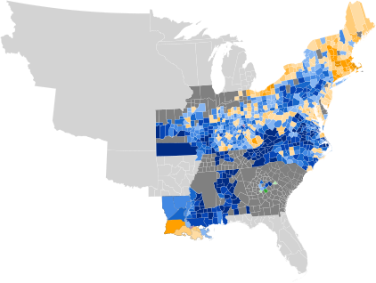 Results by county, shaded according to winning candidate's percentage of the vote