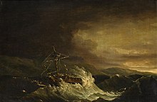 Painting of a ship in rough seas