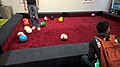 Soccer billiards table, also known as footpool or snookball. The balls are regular soccer balls coloured and numbered to resemble pool balls.