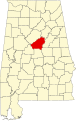 Shelby County, Alabama (marked red) where the species is known from the Cahaba River.