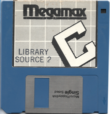 A scan of the 400K floppy disk containing the standard library source code disk for the Megamax C compiler for Macintosh.