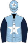 Light blue, white star, dark blue sleeves, light blue cap, white star