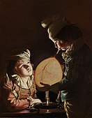 Two Boys Blowing a Bladder by Candle-light, by Joseph Wright of Derby 1769-70.