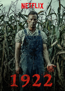 A farmer stands in front of a field of crops, with the words "Netflix" over him and "1922" under him in red font.