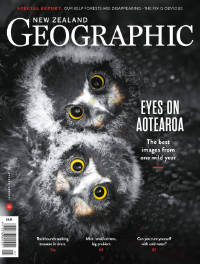 Cover of January–February 2022 issue of New Zealand Geographic showing two baby owls