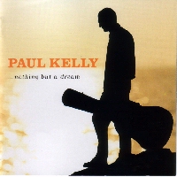 A silhouette of the artist in left profile. He is carrying a guitar case and standing on rocks in front of a bright but blurred shot of the ocean to his right. His name is in orange, block capitals at chest height. The album title is just below and written in smaller, black, lower case print.