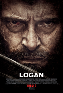 A close-up of Hugh Jackman as Logan with a scarred face. A thin blade crosses diagonally in front of his chin.
