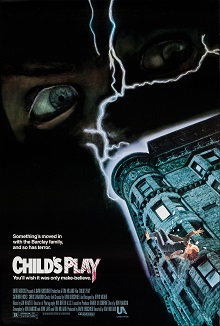 In a thunderstorm, a woman falls out of an apartment building with glass shattering. A closeup of a doll can be seen in the background. Text reads "Something's moved in with the Barclay family, and so has terror". The film's titles has blood splattered in the word "PLAY". Below the film's title, another tagline reads "You'll wish it was only make-believe."