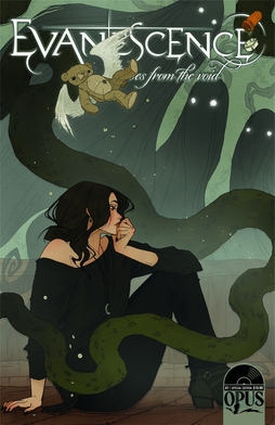 An illustration of a woman with long dark hair wearing dark clothes, sitting sideways on the ground and resting her arm on her knee and her chin in her hand. Dark green smoke curls around her. A small brown teddy bear with white angel wings is falling from the top of the image. Text at the top of the page reads "EVANESCENCE in all-caps, with the subtitle "tales from the void" below. The word "tales" is partially obscured by the teddy bear.