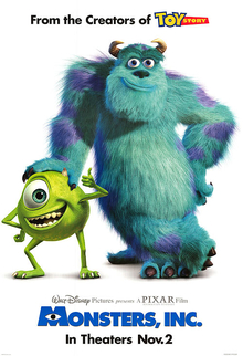 Sullivan, a large furry blue-and-purple-spotted monster stands with his right hand resting on the head of Mike, a short round green monster who is seen giving a thumbs up.