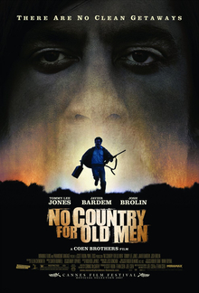 Josh Brolin, with a rifle in one hand and a briefcase in the other, is running through a field at night with lights behind him while the face of Javier Bardem can be seen above him. "No Country For Old Men" (no quotes) is shown in white text below Brolin.