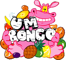 Pink hippopotamus surrounded by fruit, holding the words "Um Bongo"