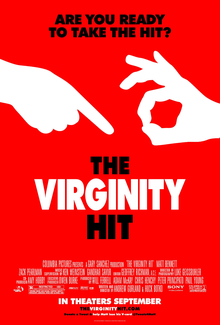 A white background and a text only poster. Over three lines the title: The, Virginity, Hit, with the word Virginity in red text, the other two words in black. Below in smaller black text the tagline: Are you ready to take the hit.