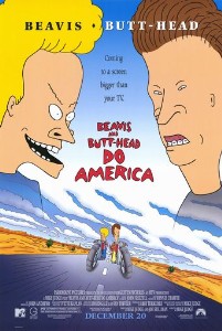 At the forefront of the poster are the two title characters – Beavis on the left, Butt-Head on the right – who are also shown riding motorcycles at the lower area.
