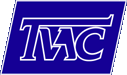 Blue parallelogram shape with stylised serif text reading 'TVAC'