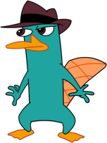 Color drawing of Perry the Platypus, standing upright, wearing a hat