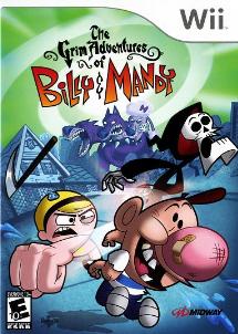 Mandy, a young girl, throws a punch that strikes both Billy, a young boy; and Grim, a skeletal grim reaper. In the background, the giant three-headed dog Cerberus attacks a house. The game's title is positioned above the scene.