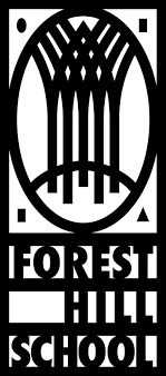 A vertical, black and white logo with a rectangular border composed of an oval containing stylised trees. Below the oval is a with the school's name.