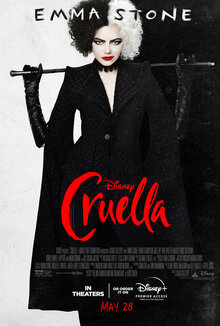 A woman with half-black half-white hair, in a black dress, against a half-white half-black background. The title "Cruella" in red.