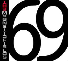 The entire cover is a large "69" in black letters on a white background. On the left side there's a vertical black strip in which the band name is written vertically.