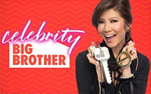 The word “Celebrity” above the shape of a house with the words “Big Brother” inside on the left. The host, Julie Chen Moonves is on the right holding an oversized key and the Power of veto.