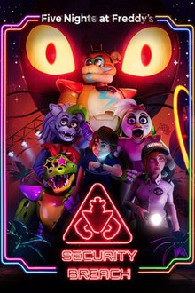 Box art for the game. Pictured from left to right are: Montgomery Gator, Roxanne Wolf, Glamrock Freddy (middle), Gregory (front), Vanny (background), Glamrock Chica, and Vanessa. At the top of the poster is the words "Five Nights at Freddy's", and at the bottom is the "Security Breach" logo.