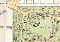 1868 Map of Central Park, showing the Boys Play House just south (left) of "Road No. 1"