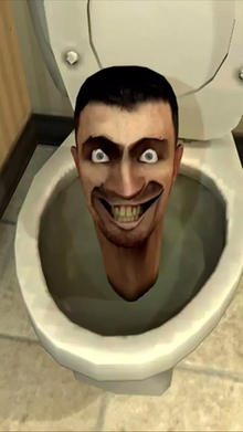 A computer render of a male human head with wide open eyes coming out of a toilet bowl, smiling