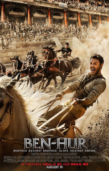 Ben-Hur riding on a chariot in a stadium, rivaling his brother, with the slogan "Brother Against Brother. Slave Against Empire."