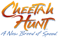 A script text "Cheetah Hunt" in yellow gradient, with blue outlining the bottom of each letter, creating depth. The word "Cheetah" features the yellow gradient fading into a darker hue of red, with the word "Hunt" in the reverse order. Beneath the main logo has italic text reading "A New Breed of Speed" in blue.