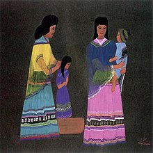 A painting of two mother figures with their children, all in brightly colored and patterned clothing.