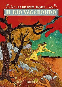 The cover image with the author's name and the title against red background at the top. Below is a colourful picture of trees, bushes and a field, with whirling patterns in the starlit sky. Prominent in the picture is the profile of a running man with horns and pointed ears, nude except for a leopard skin worn over the shoulders.