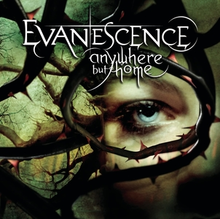 A woman's right side of her face is seen surrounded by thorns. In the top corner of the image, the words "Evanescence" and "Anywhere but Home" are placed, stylized in all capital letters and all lowercase, respectively.