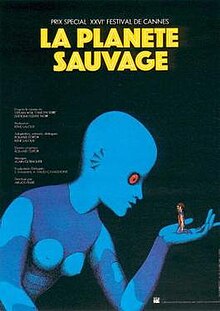 Poster showing a giant blue humanoid Traag examining a human in her hand.