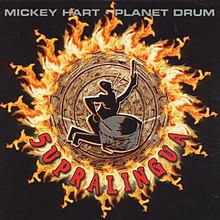 A human figure, kneeling, playing a large drum, and singing, in front of a circular series of pictograms surrounded by a ring of fire