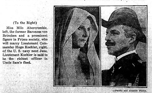 False report of Lt. Cdr. Hugo Koehler's engagement to marry Milo Abercrombie, October 1925