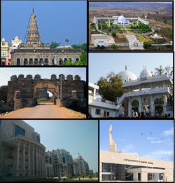 Clockwise from top left, Sharana Basaveshwara Temple, Buddha Vihar, Khwaja Banda Nawaz Dargah, CUK Kalaburagi, ESIC Medical College and PGIMSR, Kalaburagi and Kalaburagi Fort