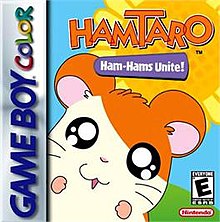 The image depicts the game's protagonist Hamtaro in front of a sunflower as well as Game Boy Color, Nintendo, and ESRB logos.
