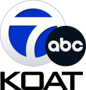 A circle 7 logo in silver, filled in blue, with the ABC logo sitting over it in the lower right. Below at left are the call letters K O A T in black.
