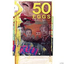 A vibrant collage with superimposed images, including a closeup of a woman's lips, three people standing together, and text that reads “50 eggs.”
