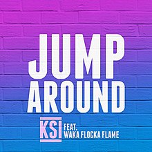 The title "Jump Around" appears in large white font in the centre of a purple and blue gradient background, with the artists' names in light purple font below.