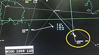 Secondary radar image shows Flight 8501 (circled in yellow) at an altitude of 36,300 ft (11,100 m) and climbing, travelling at 353 kn (654 km/h) ground speed.[11]