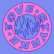 An illustrated single cover with the name of the artist written in a pink circle over a blue background.