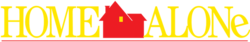 Yellow writing on a white background with a silhouette of a red house between the words "HOME" and "ALONe"