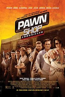 Eight different men, including an Elvis impersonator, standing in a line in front of a Pawn shop building.