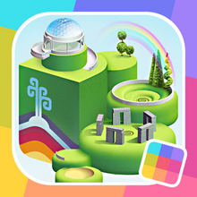A miniature 3D golf course with simplified shapes. Behind the model is a rainbow background.