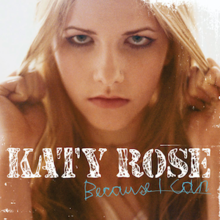 A blonde woman in a tan shirt tugging on her hair with both hands. The text "Katy Rose" and "Because I Can" stand in the center.