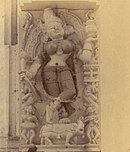 Photograph titled, "Statue of Ganga, Jagannatha Temple, Puri," of the river goddess Ganga riding on the aquatic monster Makara. Date of sculpture: 12th century CE. Photographer: Poorno Chondro Mukherji. Date of photograph: 1895.